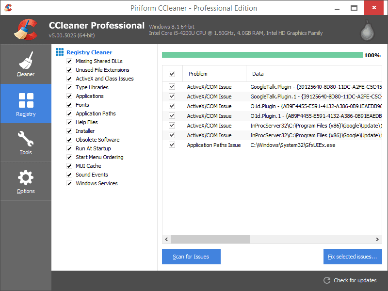 Registry Cleaner Screenshot of CCleaner's Registry Cleaner Module
