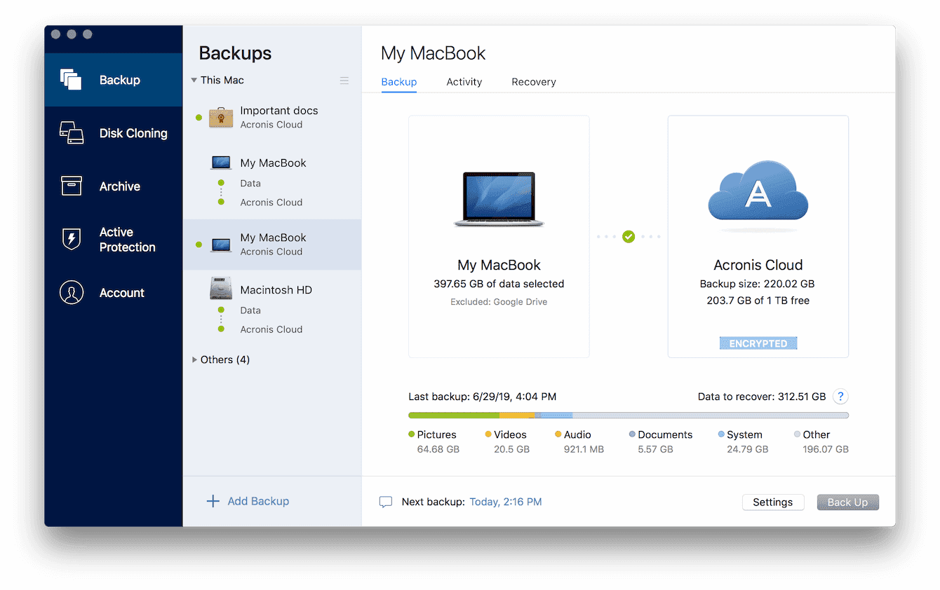 Backups Acronis True Image for Mac Backups Screenshot
